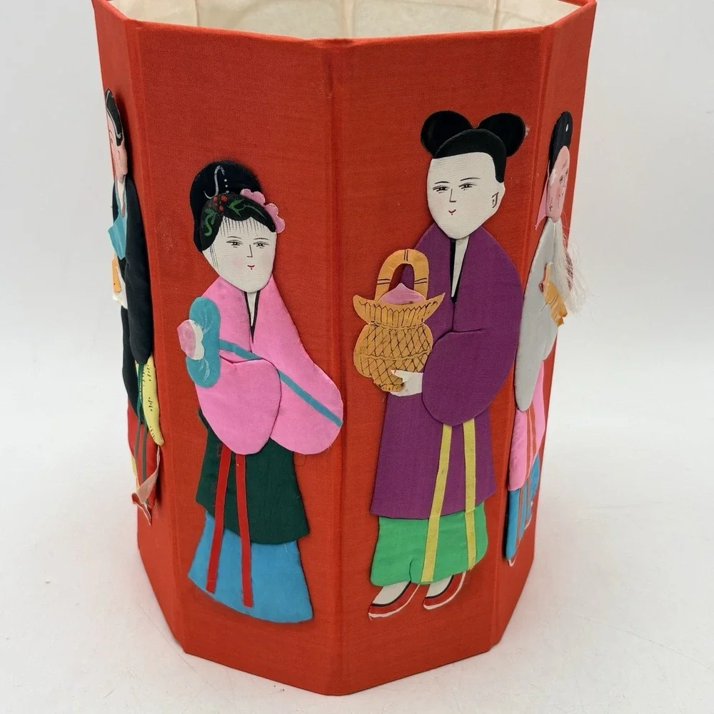 Vintage rare Silk & Paper Asian Chinese Folding Waste‎ Paper Basket